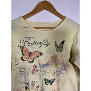 Vintage Butterfly Floral Rhinestone 3/4 Sleeve Top Yellow Pastel Y2K Style
